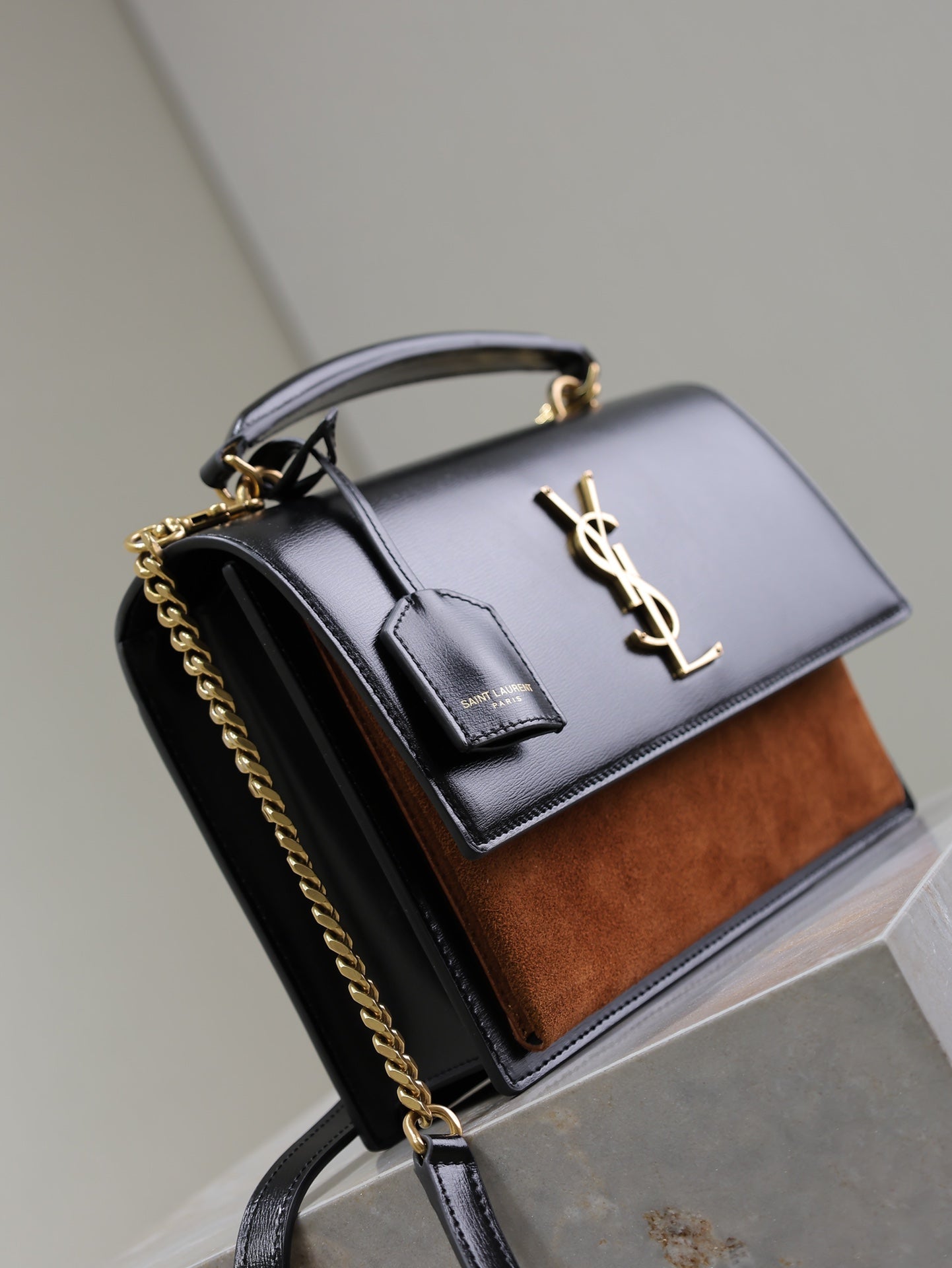 YSL 25S SUNSET MM 25 IN BLACK CALFSKIN AND CARAMEL SUEDE GOLD HARDWRE