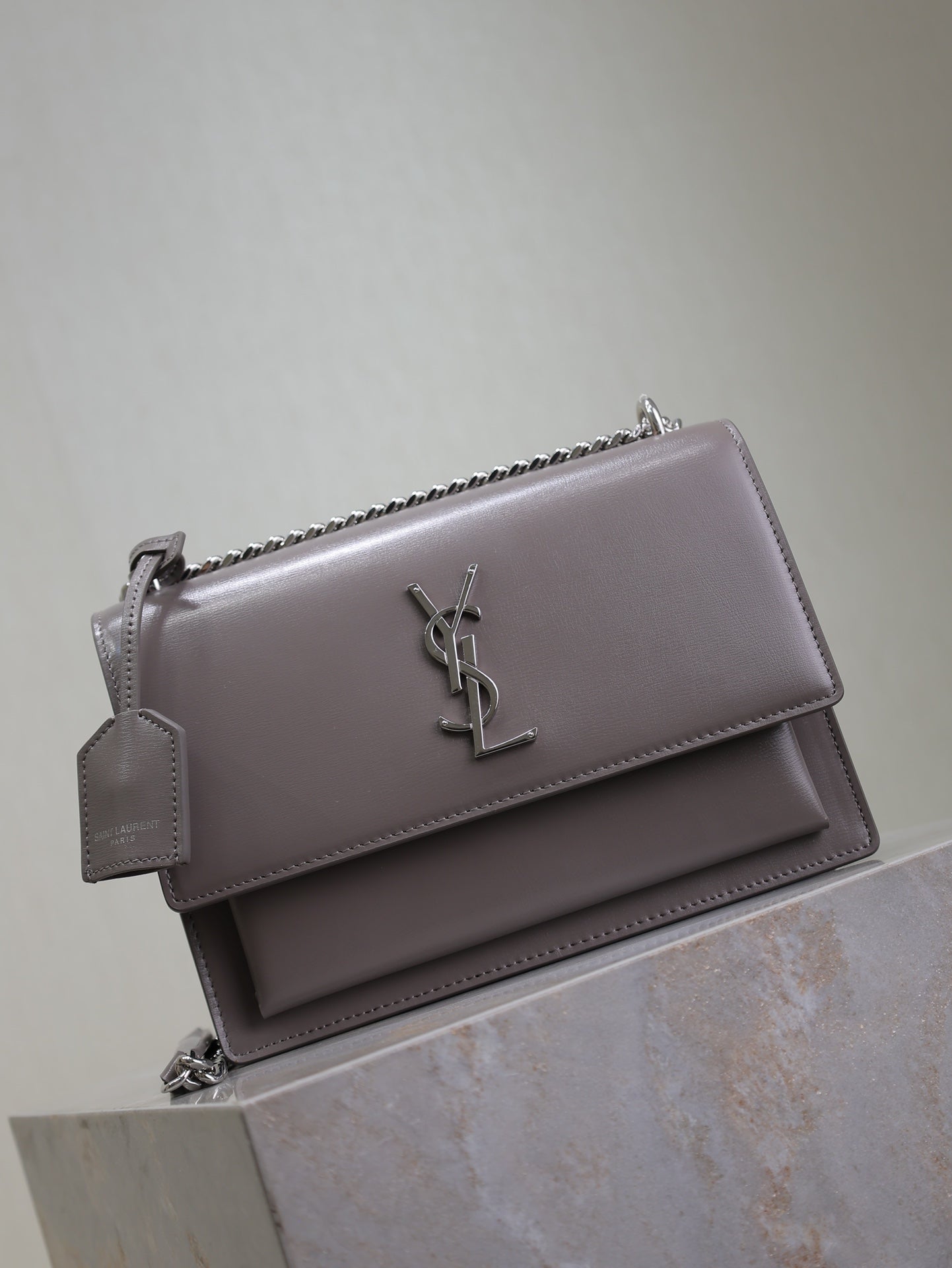YSL 25S SUNSET BAG 22 IN DARK PURPLE CALFSKIN SILVER HARDWARE