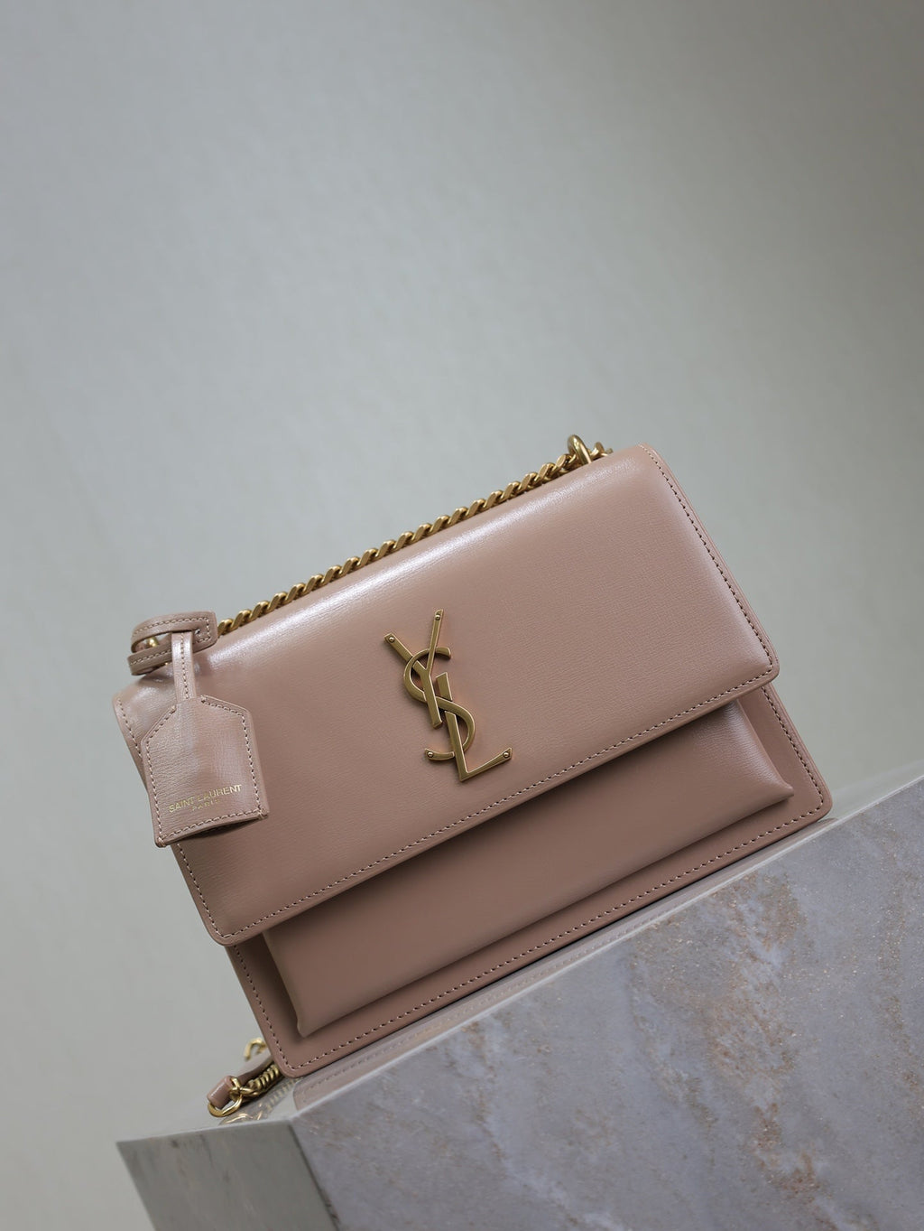 YSL 25S SUNSET BAG 22 IN WARM TAUPE PINK CALFSKIN GOLD HARDWRE