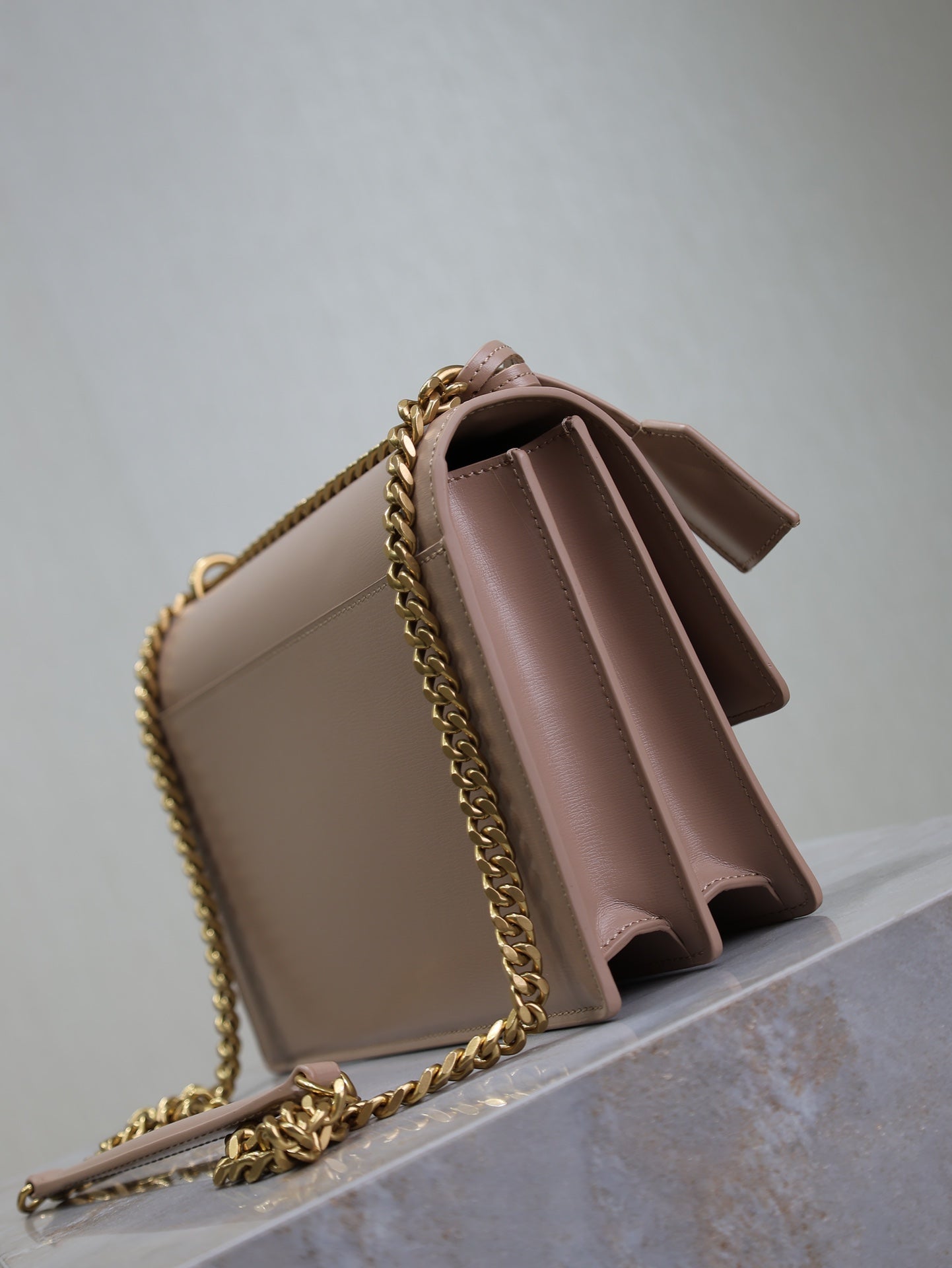 YSL 25S SUNSET BAG 22 IN WARM TAUPE PINK CALFSKIN GOLD HARDWRE