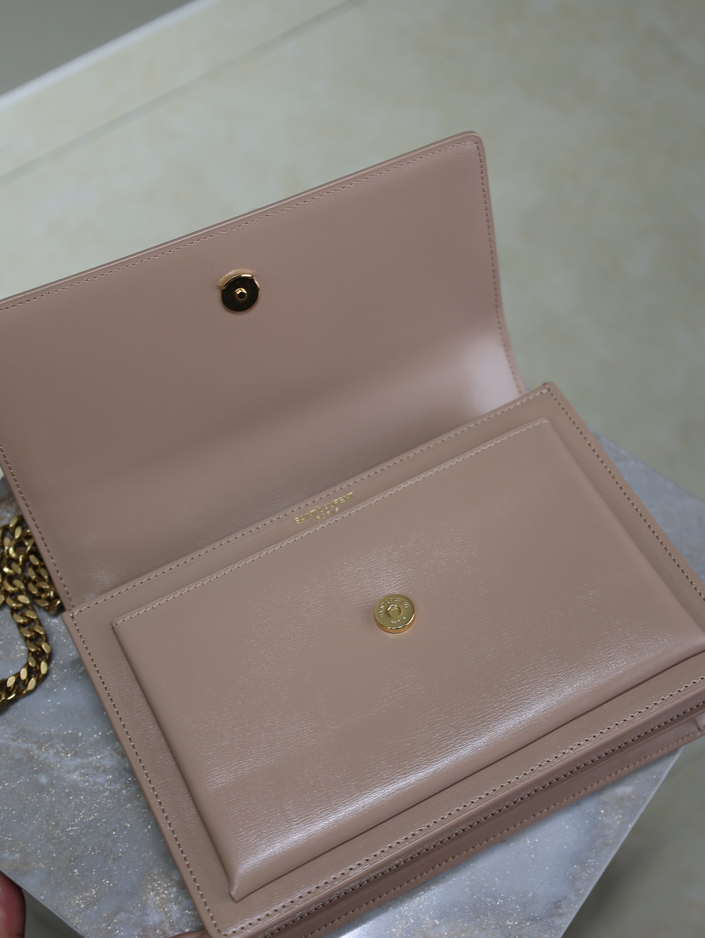 YSL 25S SUNSET BAG 22 IN WARM TAUPE PINK CALFSKIN GOLD HARDWARE
