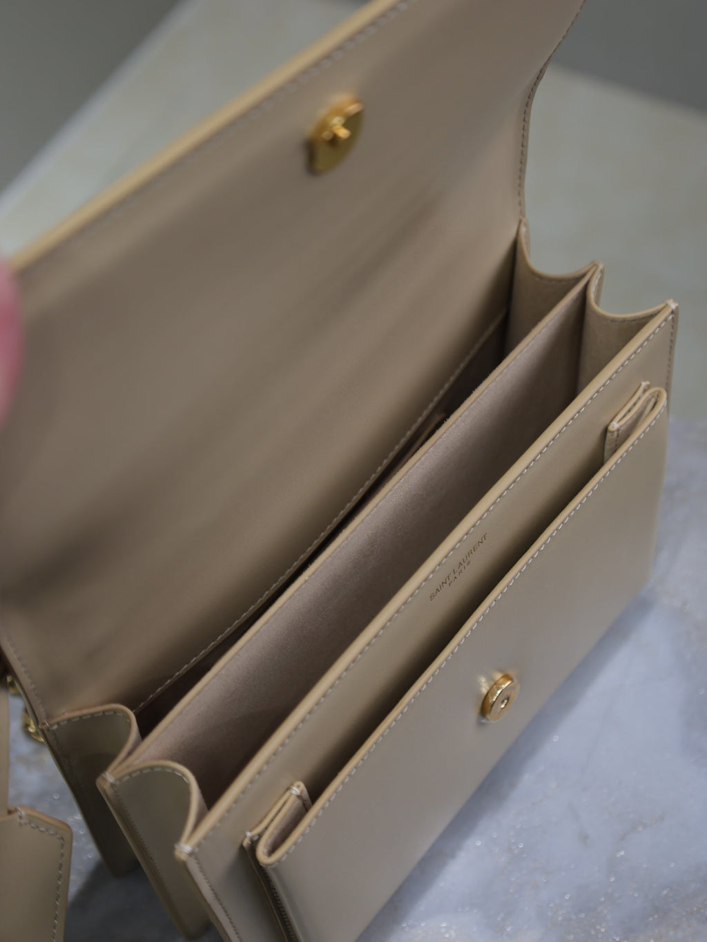 YSL 25S SUNSET BAG 22 IN NUDE CALFSKIN GOLD HARDWARE