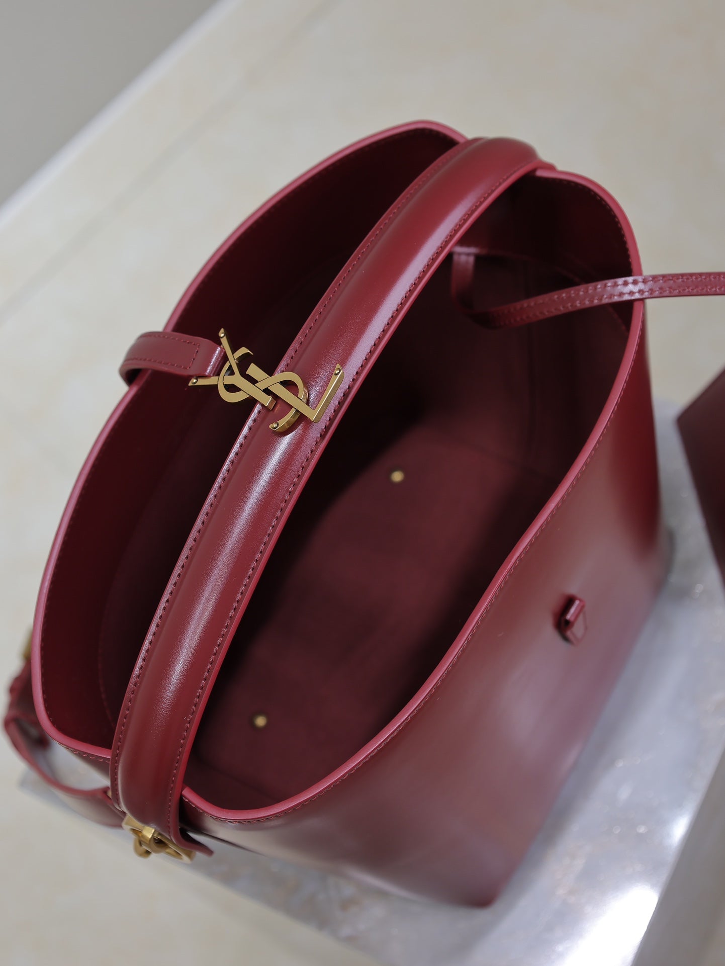 YSL 25S LE 5 À 7 BUCKET 26 IN DARK BURGUNDY CALFSKIN GOLD HARDWRE