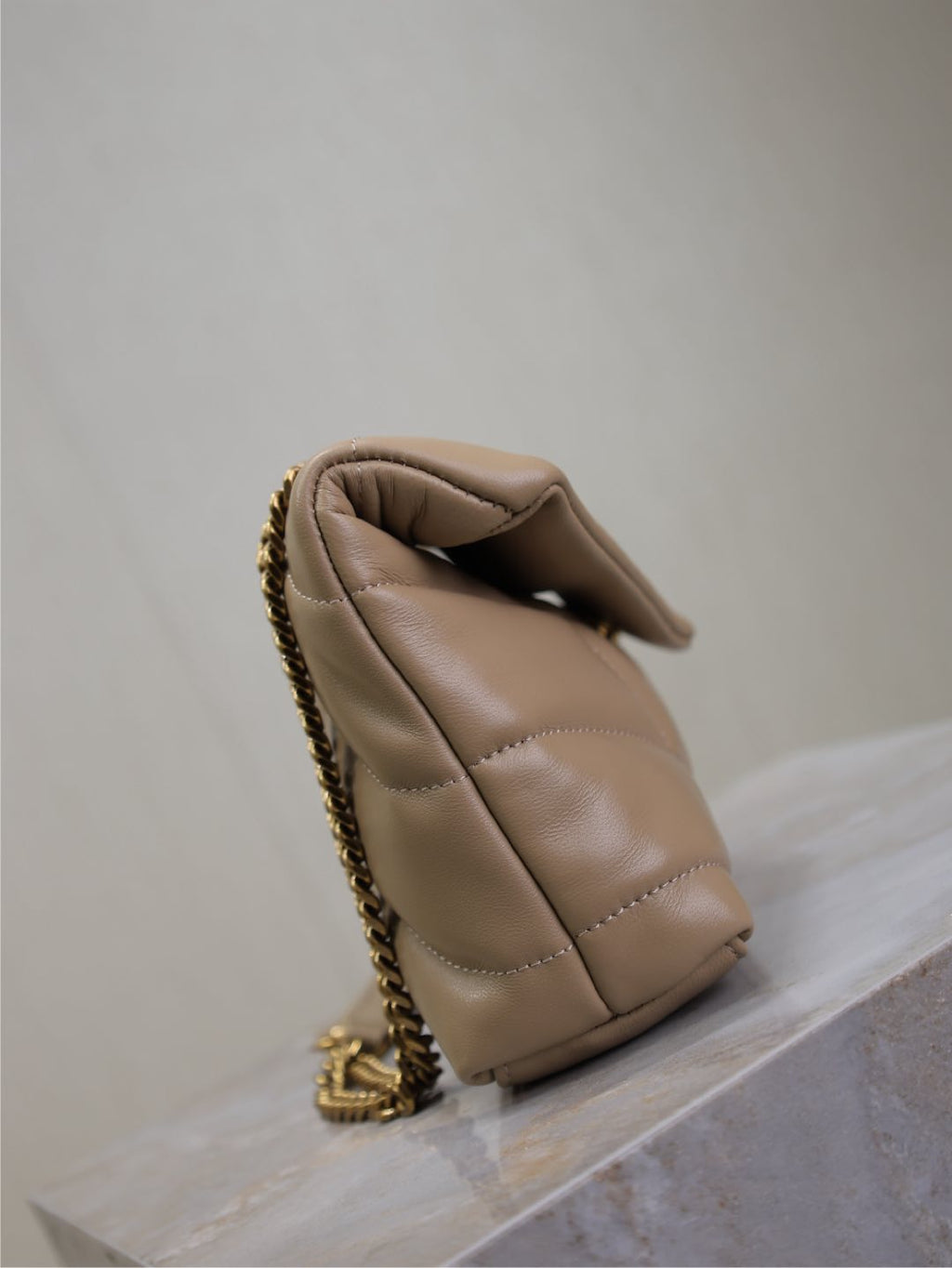 YSL 25S LOULOU PUFFER MINI 23 IN BROWN CALFSKIN GOLD HARDWARE
