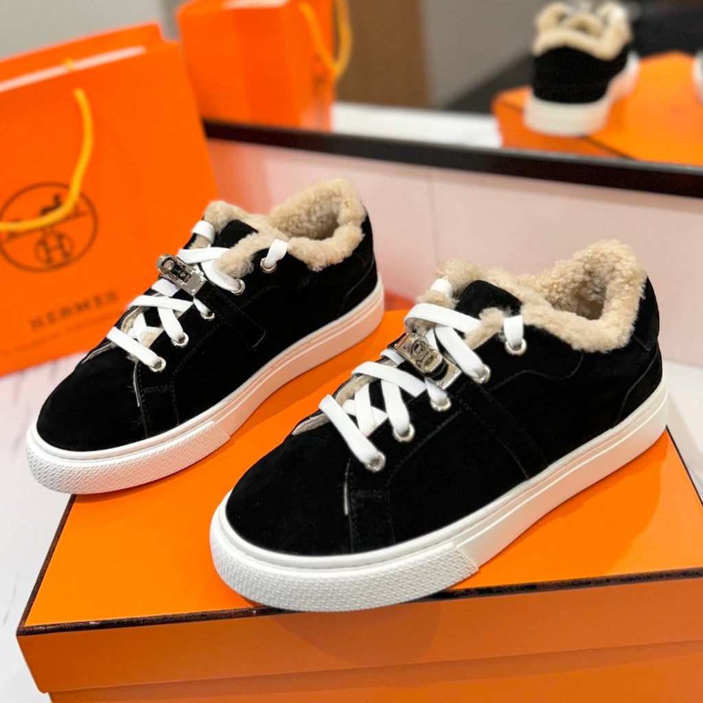 HERMES DAY SNEAKER IN BLACK SUEDE AND FLEECE LINING