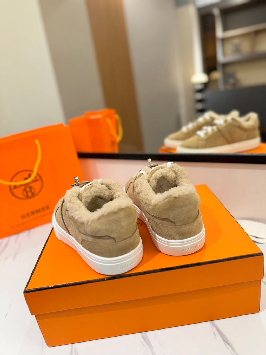 HERMES DAY SNEAKER IN TORTILLA BROWN SUEDE AND FLEECE LINING