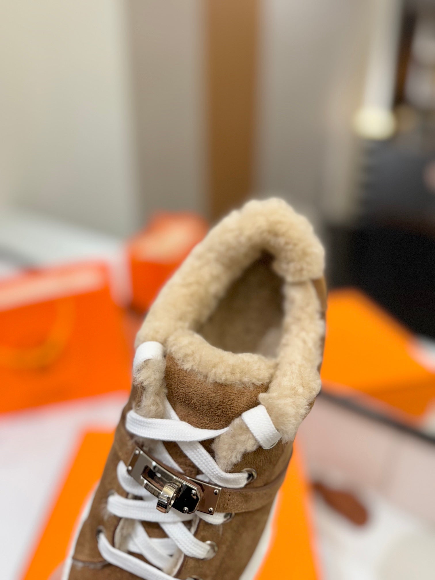 HERMES DAY SNEAKER IN BRONZE BROWN SUEDE AND FLEECE LINING