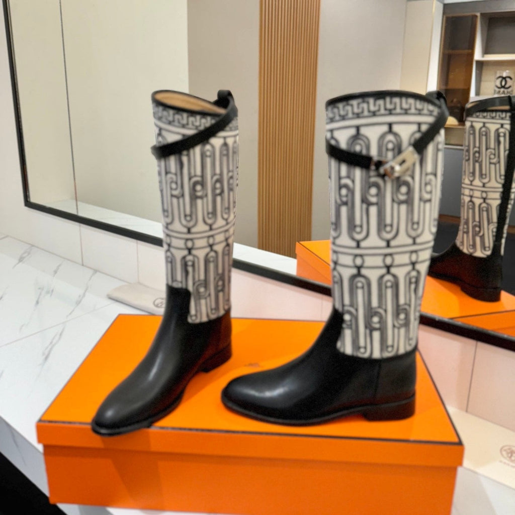 HERMES JUMPING BOOT 2 CM IN BLACK CALFSKIN AND BLACK MIX WHITE FABRIC