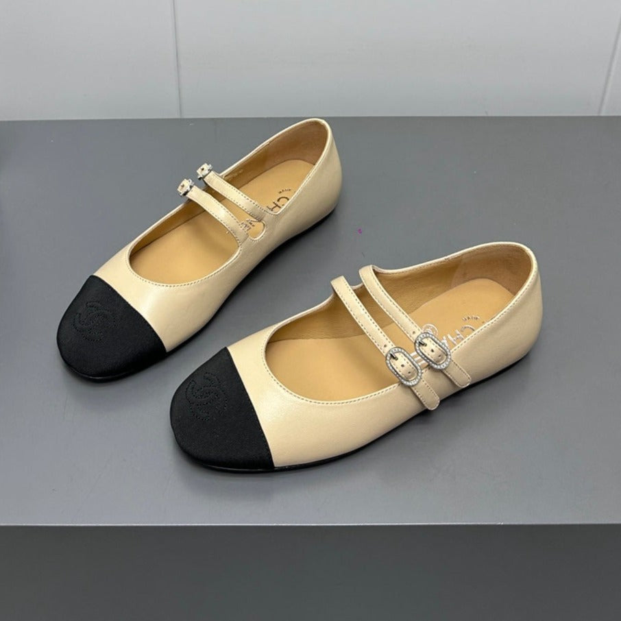 CHANEL pearl Mary Jane flat shoes yellow cream