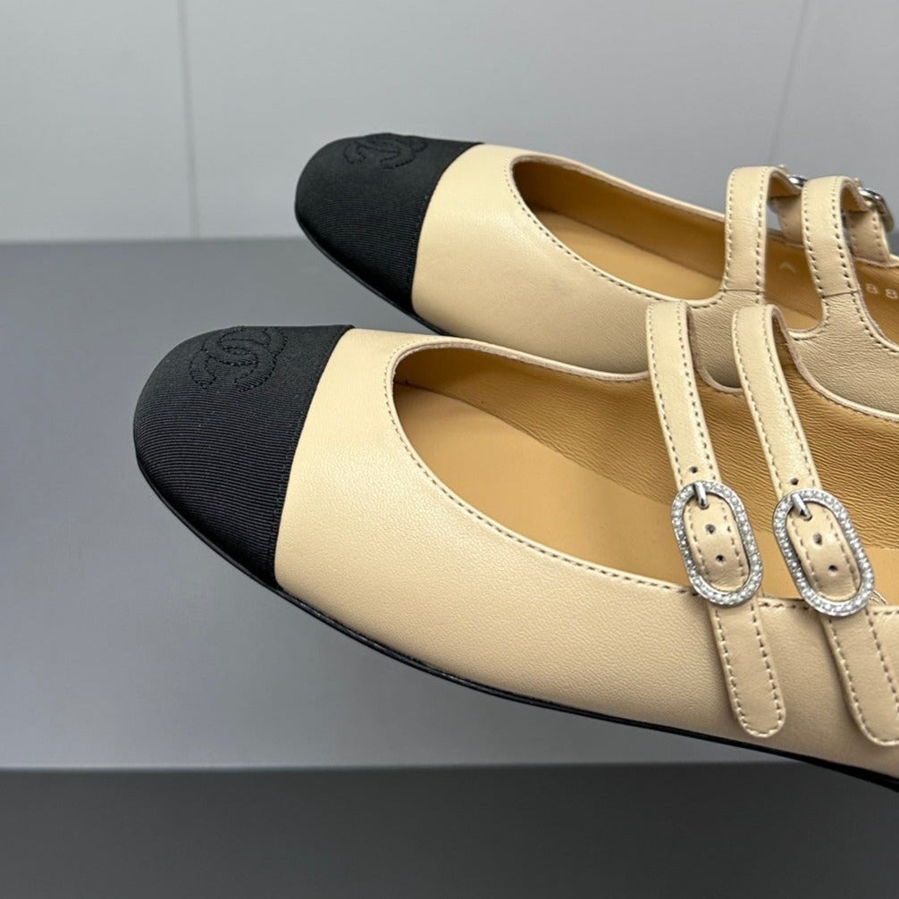 CHANEL pearl Mary Jane flat shoes yellow cream