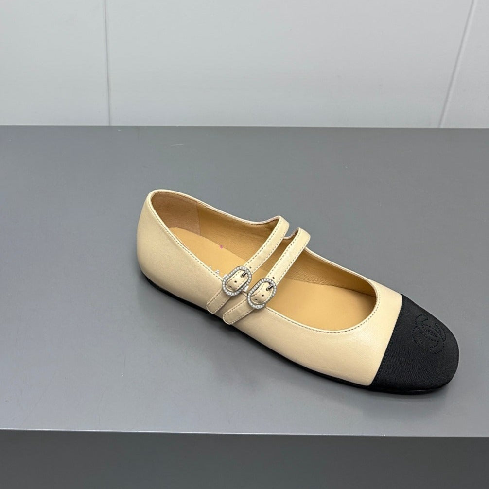 CHANEL pearl Mary Jane flat shoes yellow cream