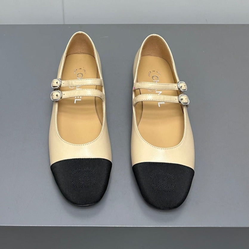 CHANEL pearl Mary Jane flat shoes yellow cream