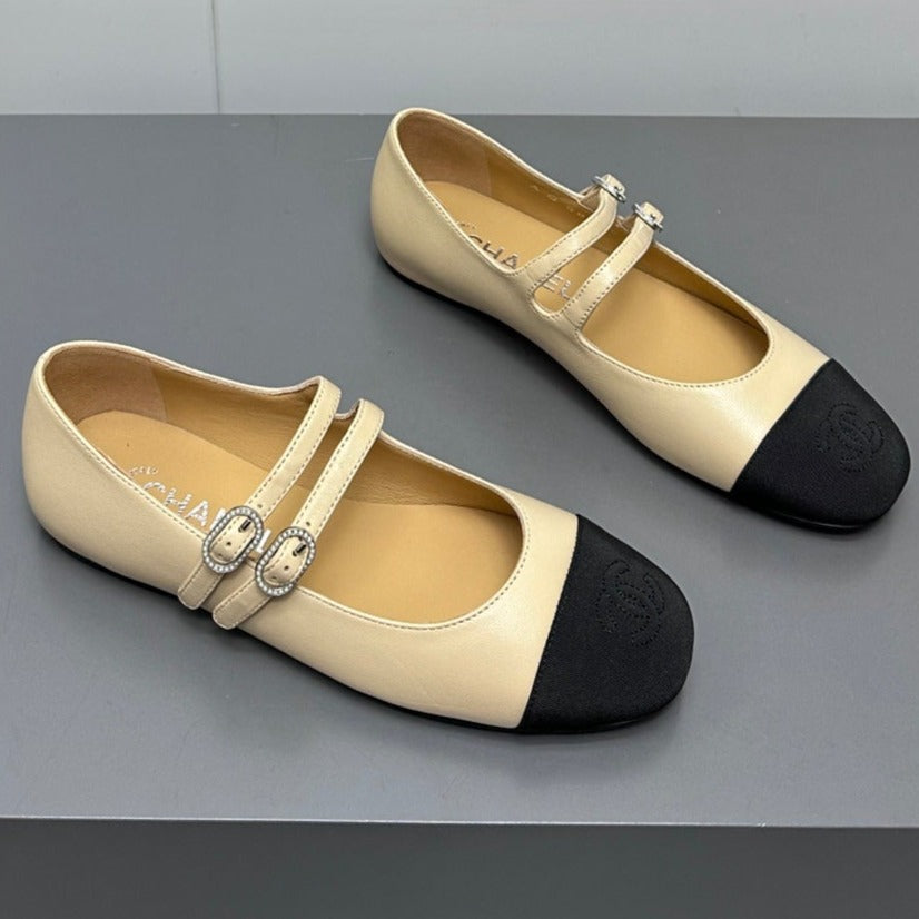 CHANEL pearl Mary Jane flat shoes yellow cream