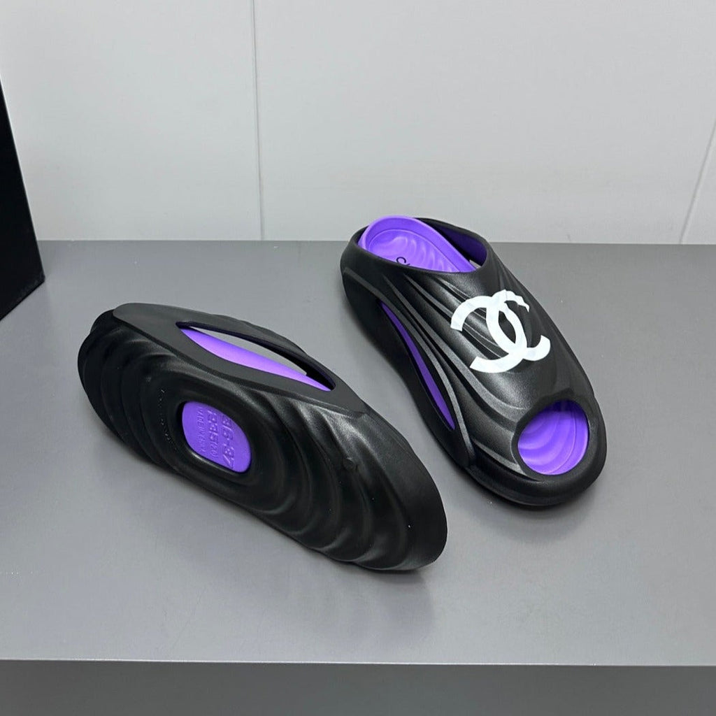 CHANEL New Double C Foam Lightweight Slippers Boat Black Purple