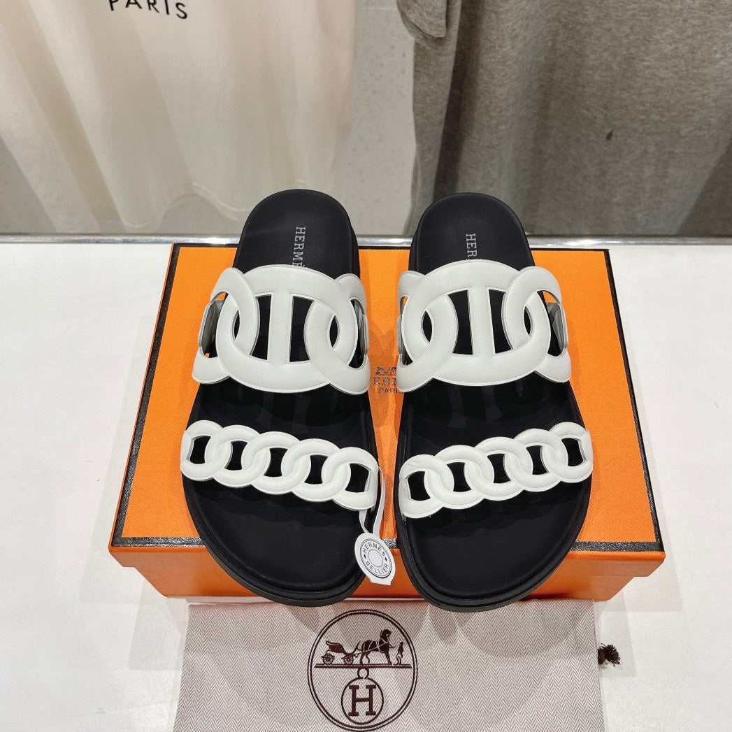 HERMES EXTRA SANDAL BLACK MIX WHITE CALFSKIN
