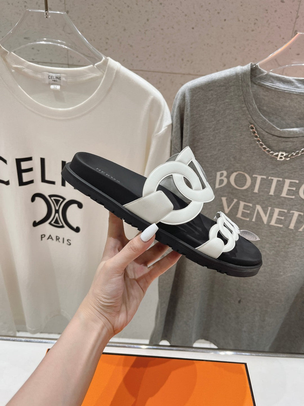 HERMES EXTRA SANDAL BLACK MIX WHITE CALFSKIN