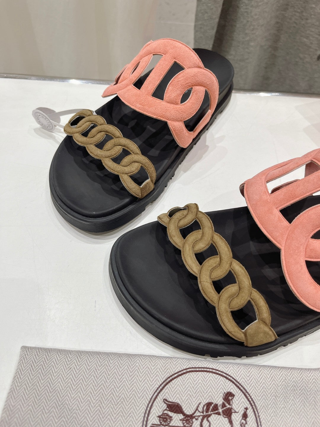 HERMES EXTRA SANDAL BLACK MIX PEACH MIX MOSS CALFSKIN