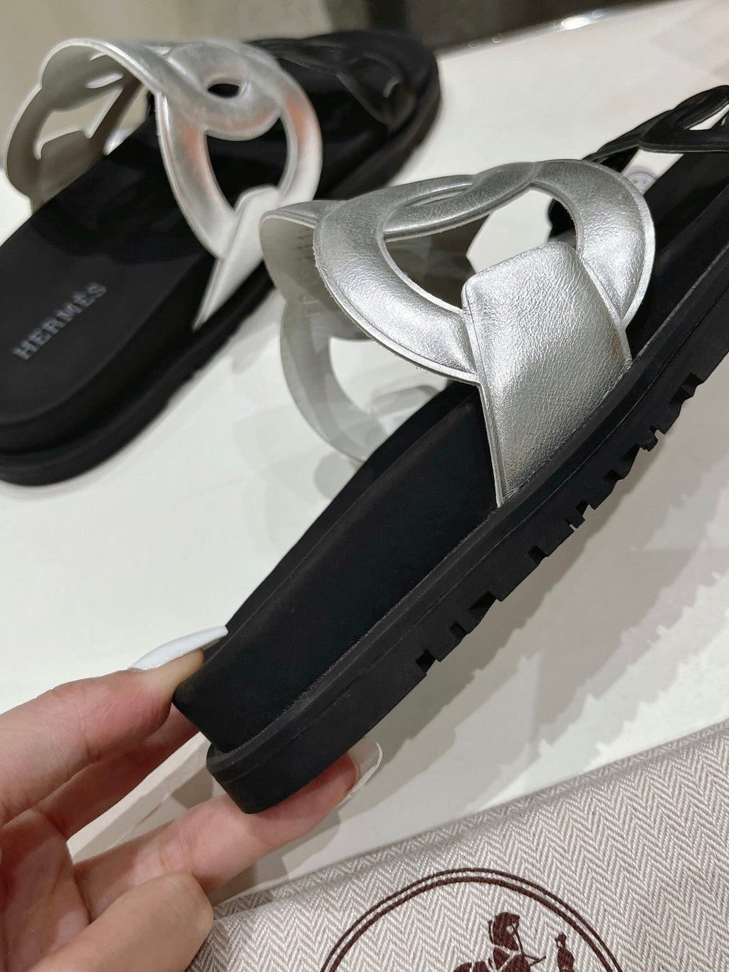 HERMES EXTRA SANDAL PASTEL BLACK MIX SILVER CALFSKIN