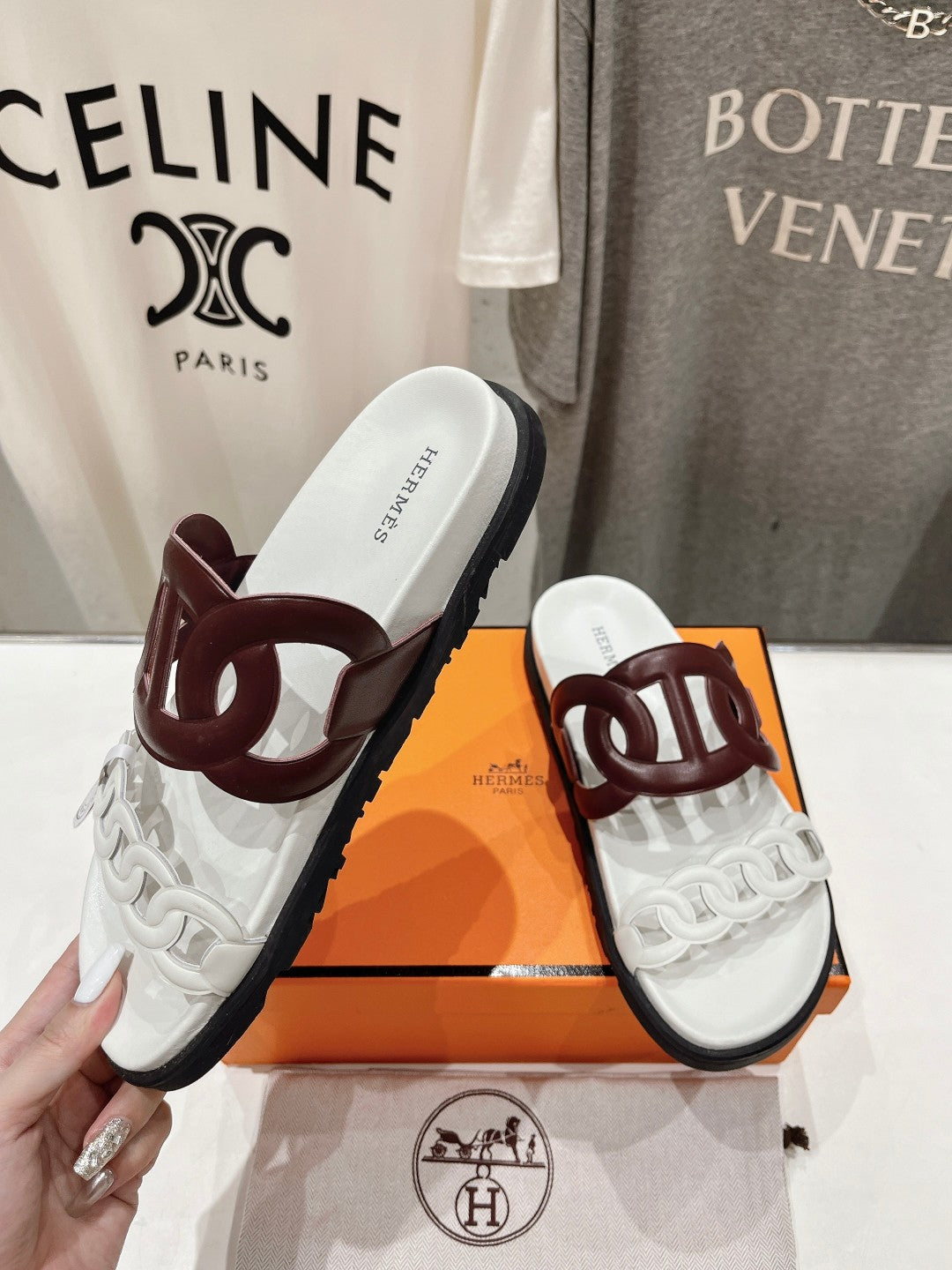 HERMES EXTRA SANDAL WHITE MIX BROWN CALFSKIN