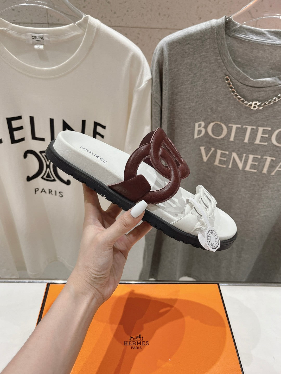 HERMES EXTRA SANDAL WHITE MIX BROWN CALFSKIN