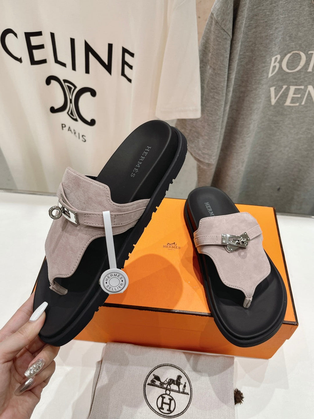 HERMES EMPIRE SANDAL BLACK MIX LIGHT GRAY SUEDE