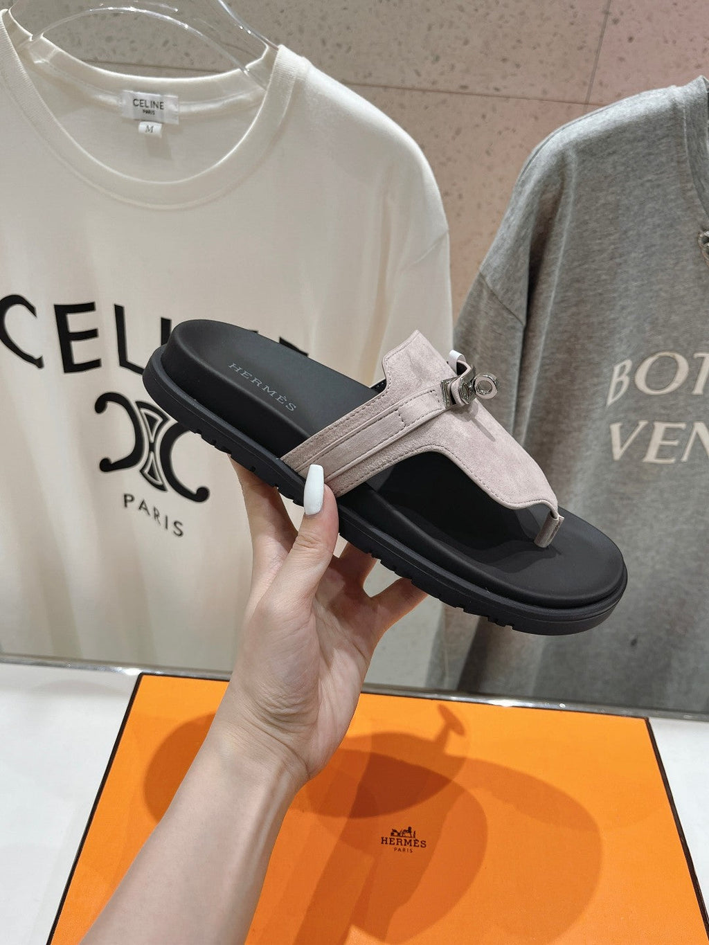 HERMES EMPIRE SANDAL BLACK MIX LIGHT GRAY SUEDE