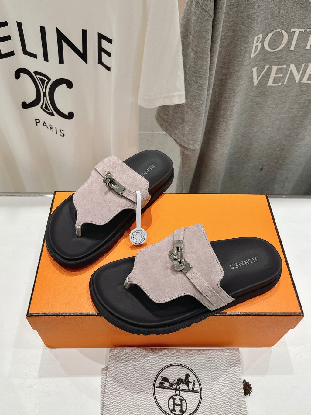 HERMES EMPIRE SANDAL BLACK MIX LIGHT GRAY SUEDE