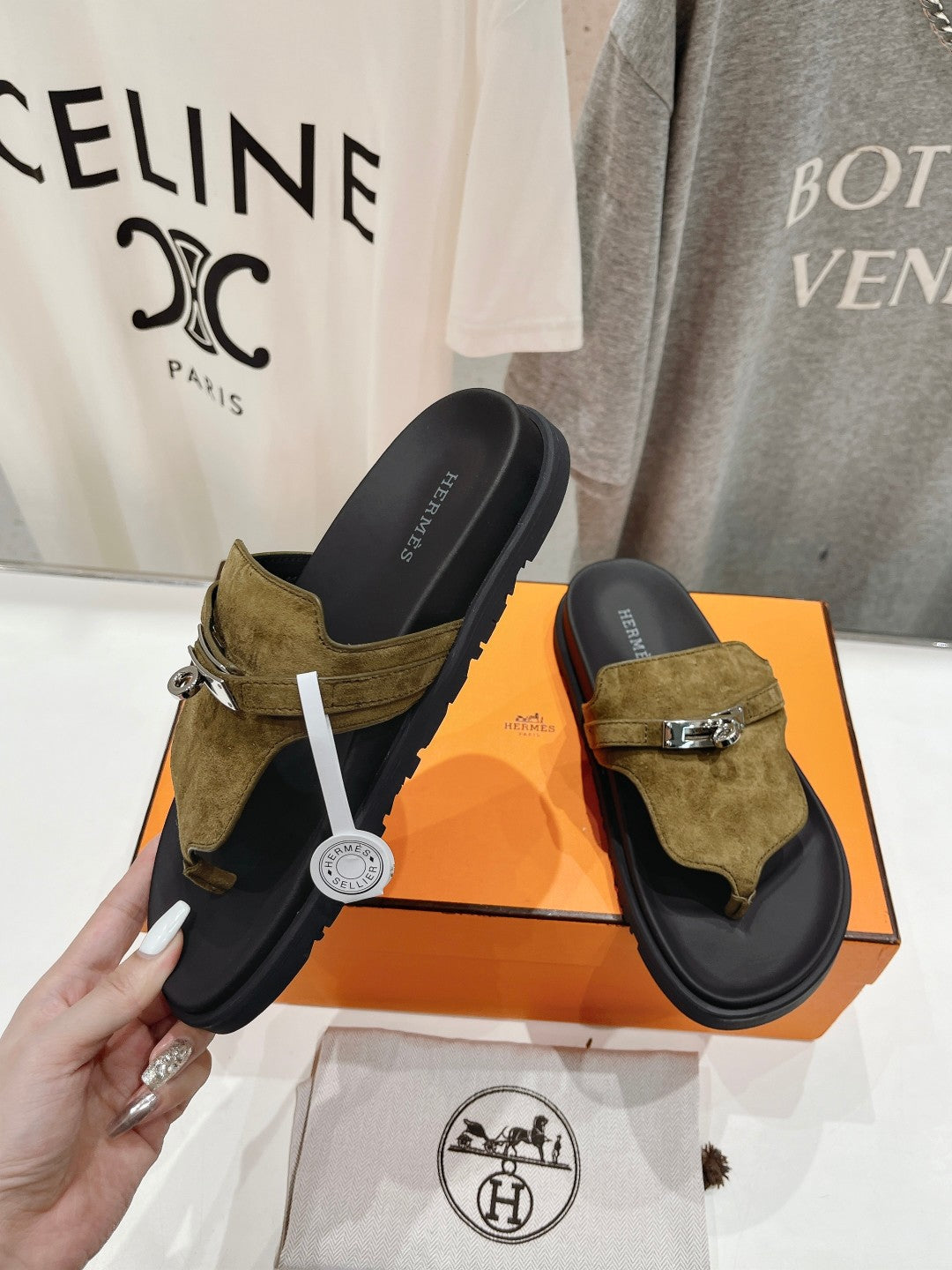HERMES EMPIRE SANDAL BLACK MIX ARMY GREEN SUEDE