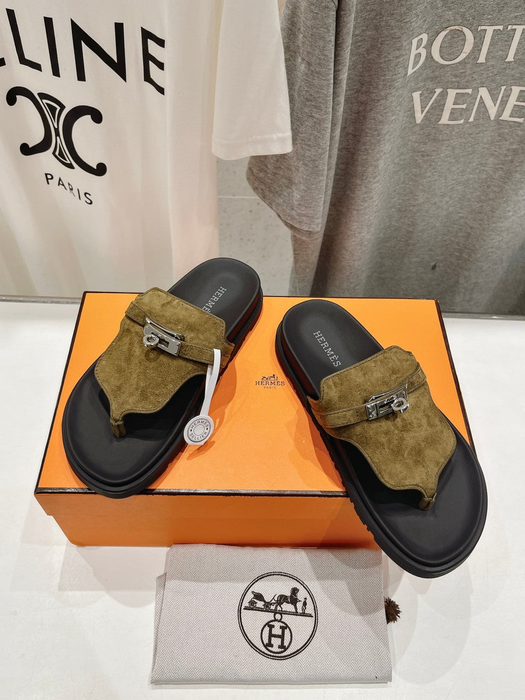 HERMES EMPIRE SANDAL BLACK MIX ARMY GREEN SUEDE