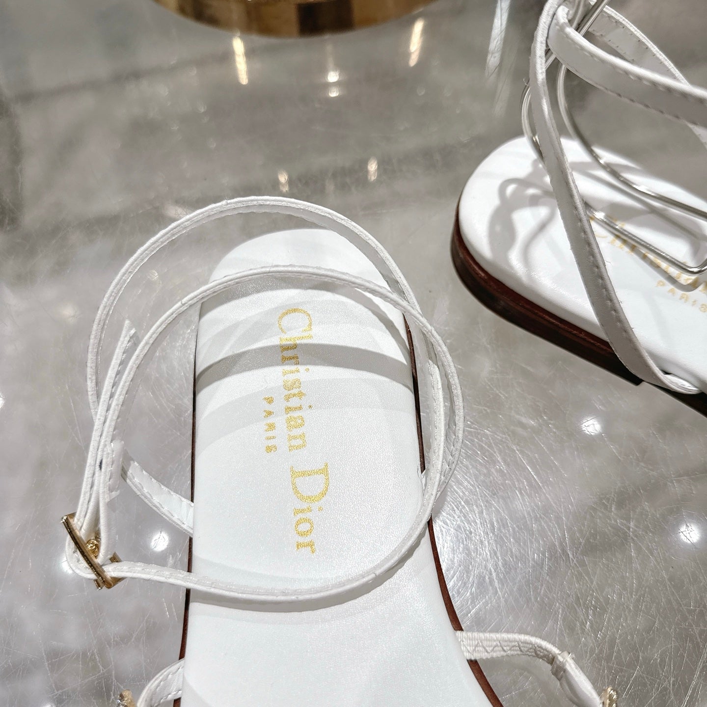 DIOR FLAT SANDALS 25S IN WHITE CALFSKIN RHINESTONES STRAP