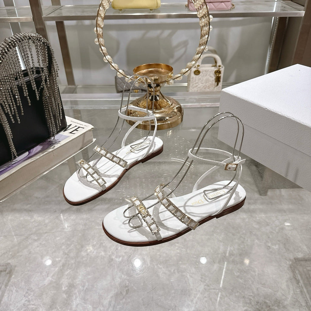 DIOR FLAT SANDALS 25S IN WHITE CALFSKIN RHINESTONES STRAP