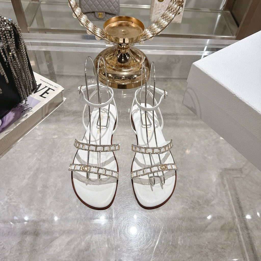 DIOR FLAT SANDALS 25S IN WHITE CALFSKIN RHINESTONES STRAP