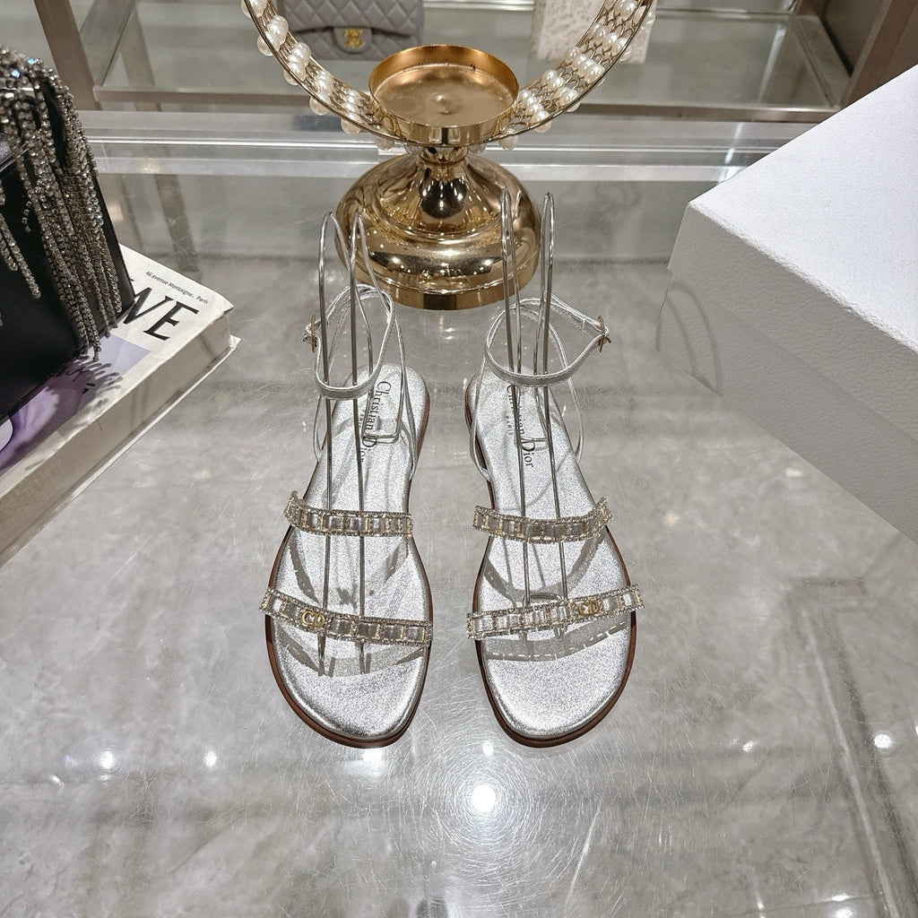 DIOR FLAT SANDALS 25S IN SILVER CALFSKIN RHINESTONES STRAP