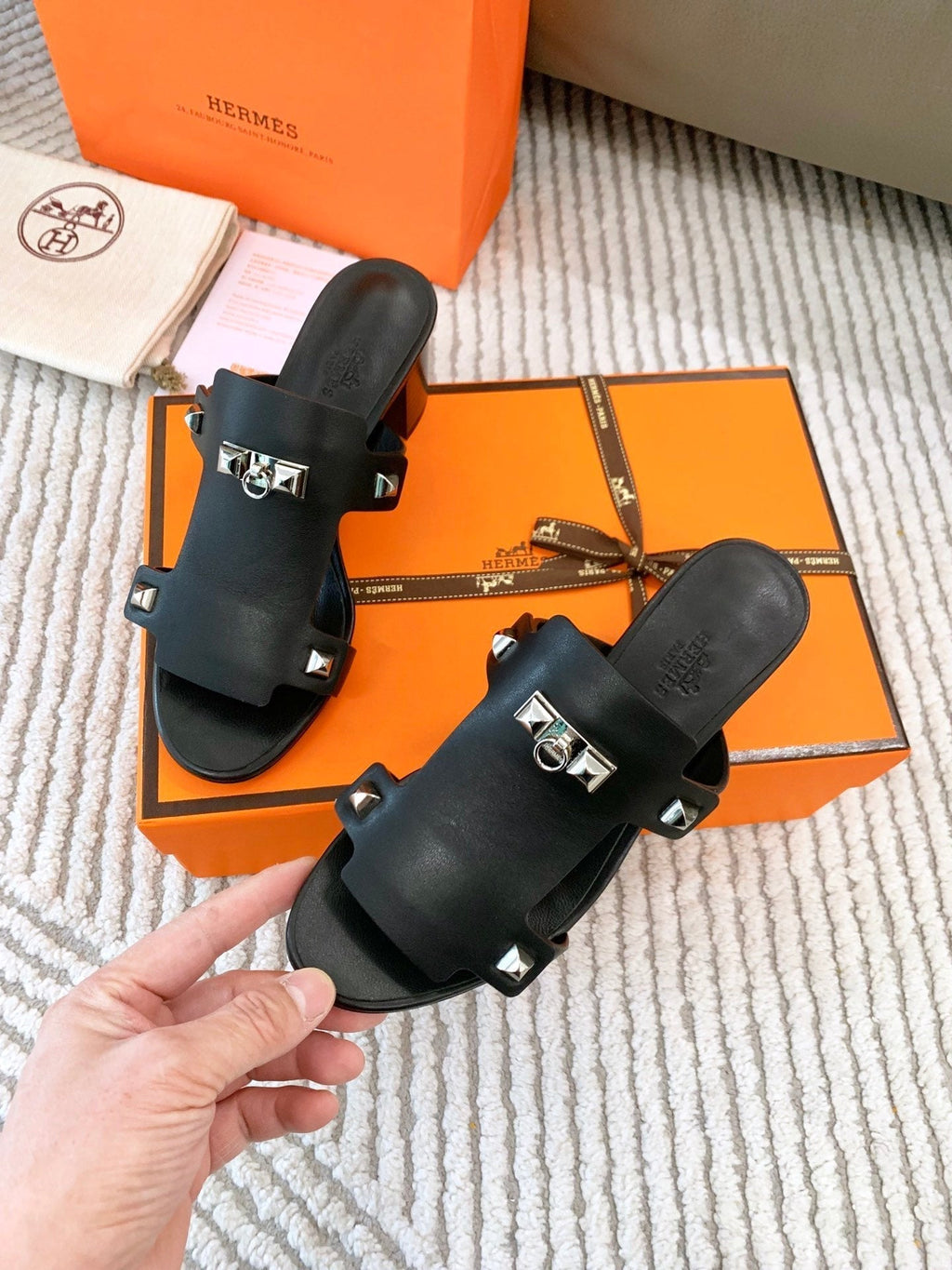 HERMES INVINCIBLE 50 SANDAL IN BLACK CALFSKIN