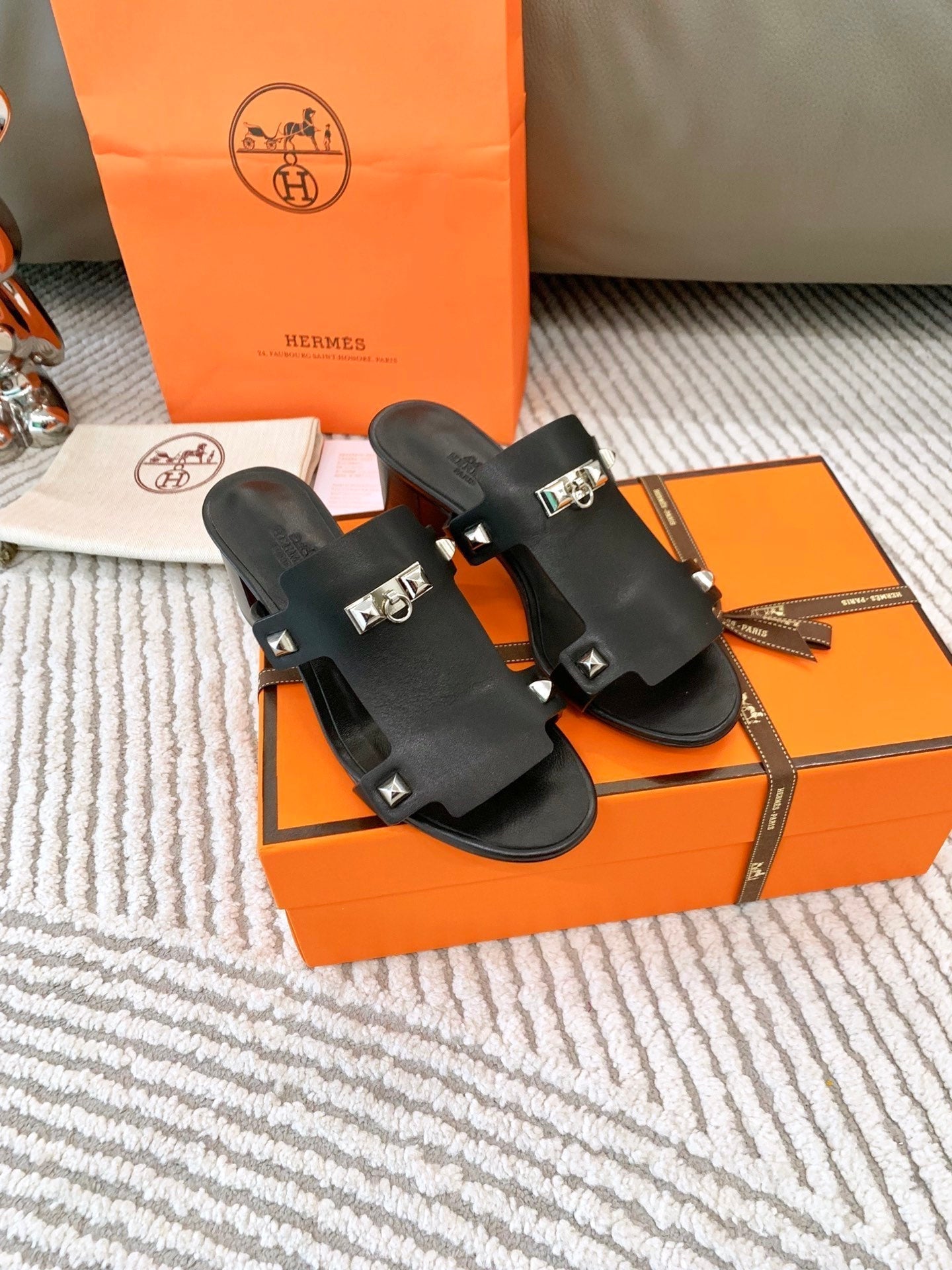 HERMES INVINCIBLE 50 SANDAL IN BLACK CALFSKIN