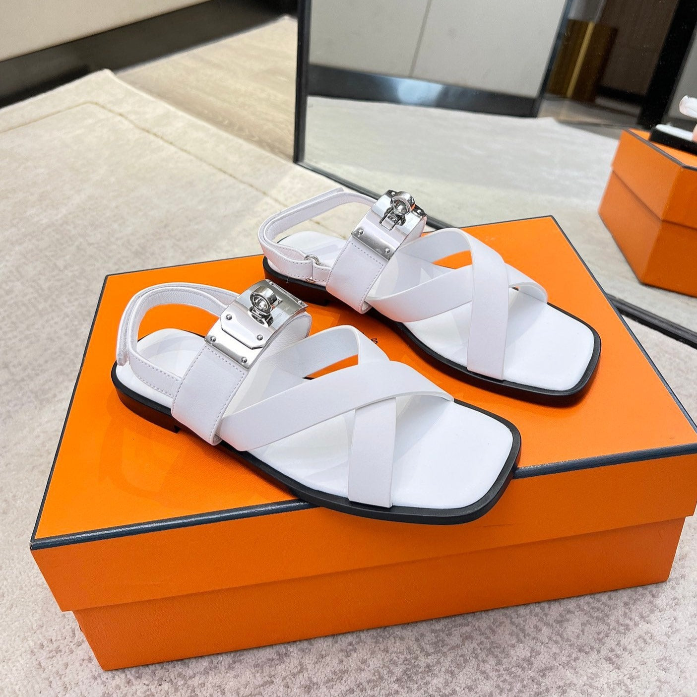 HERMES Ines sandal white calfskin