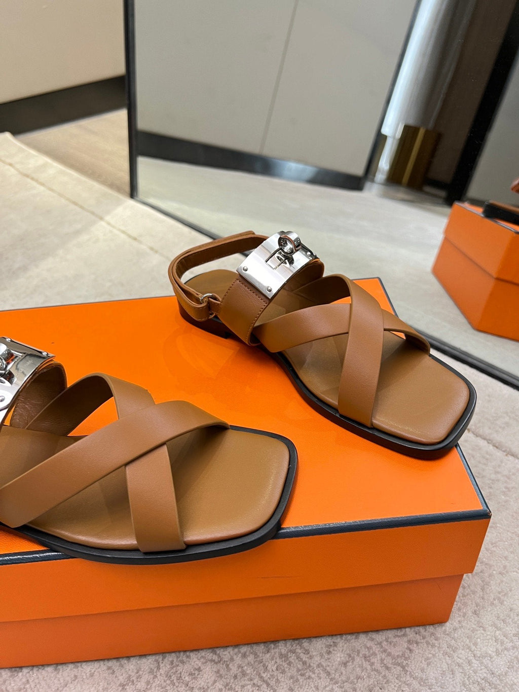HERMES Ines sandal brown calfskin