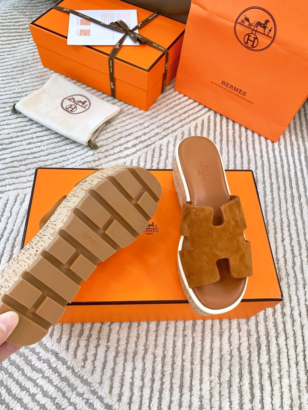 HERMES EZE 65 SANDAL BRIGHT BROWN SUEDE