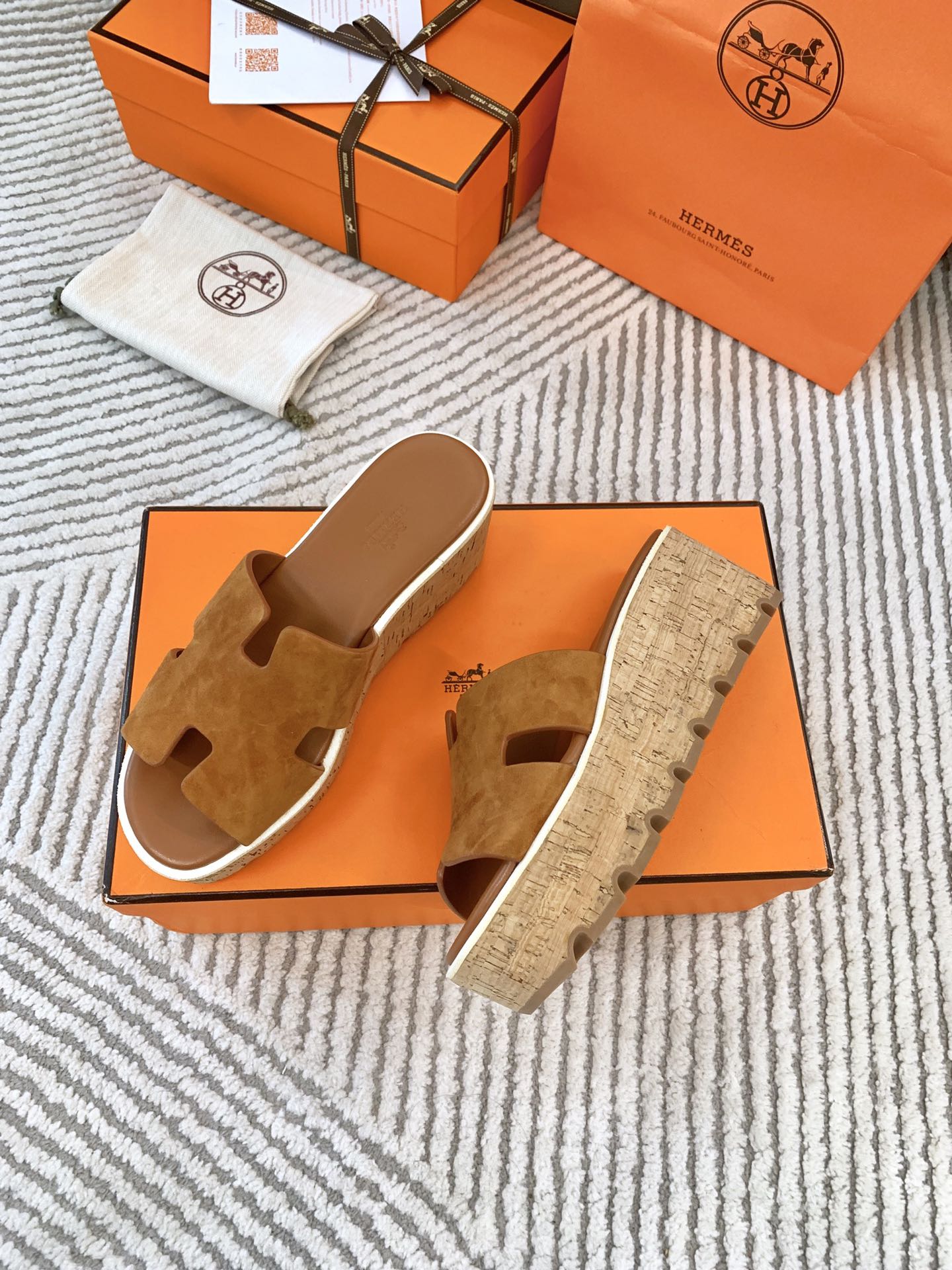 HERMES EZE 65 SANDAL BRIGHT BROWN SUEDE