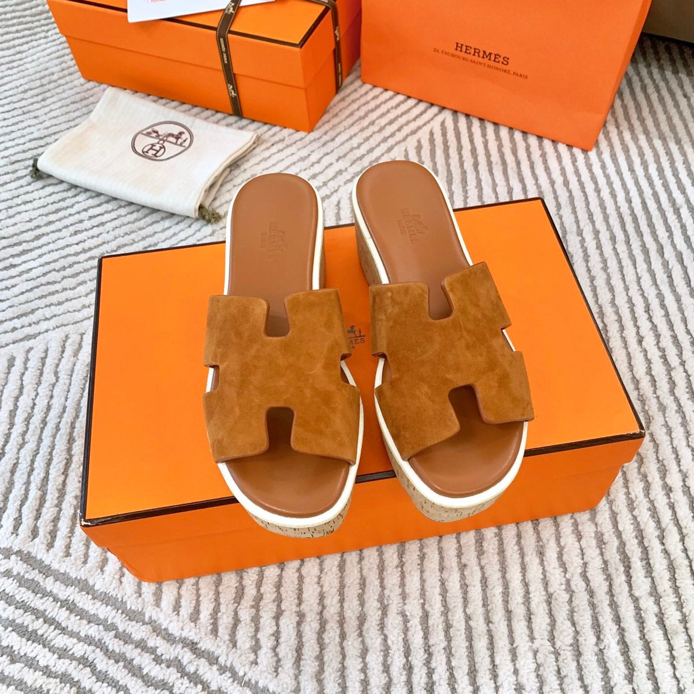 HERMES EZE 65 SANDAL BRIGHT BROWN SUEDE