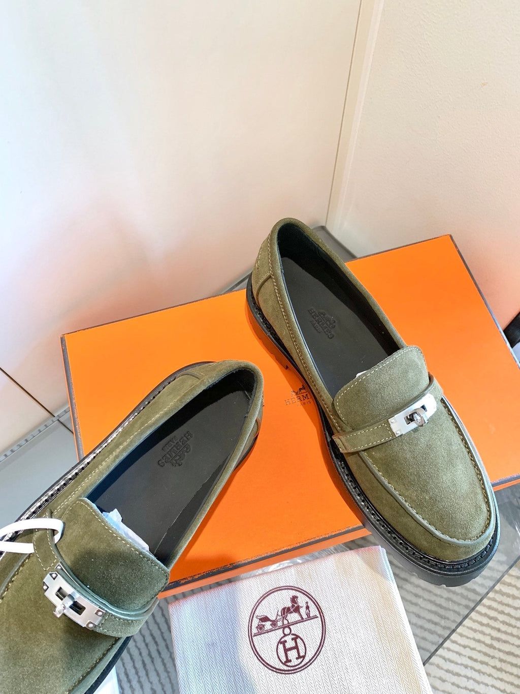 HERMES ICONE LOAFER IN ARMY GREEN SUEDE