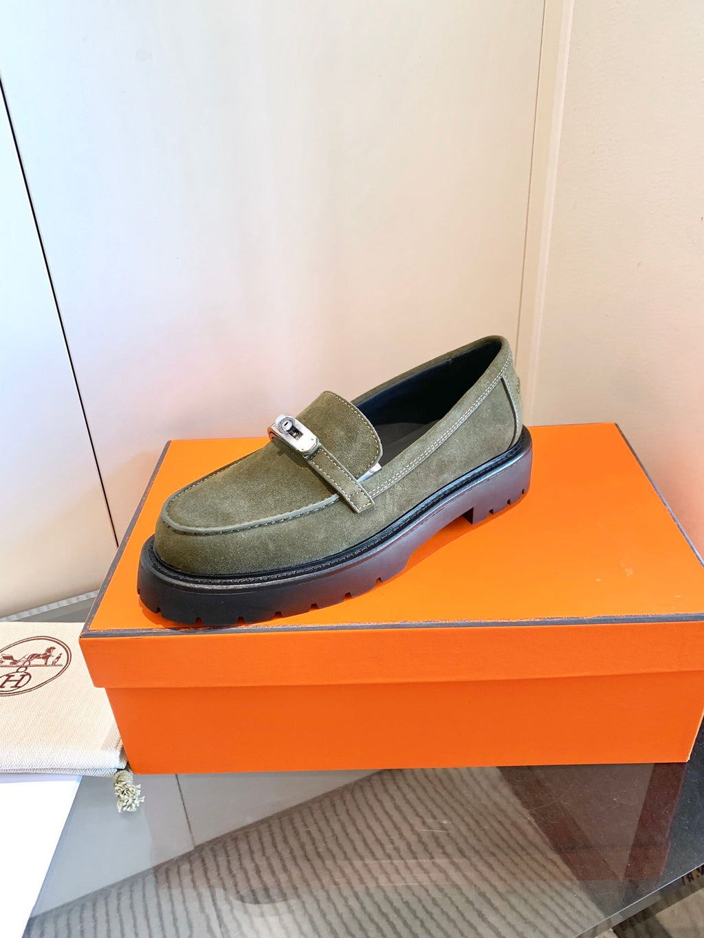 HERMES ICONE LOAFER IN ARMY GREEN SUEDE