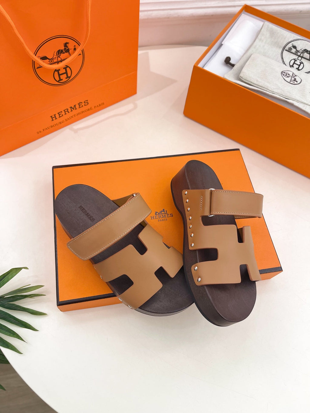 HERMES KOS CLOG IN PEANUT BROWN CALFSKIN