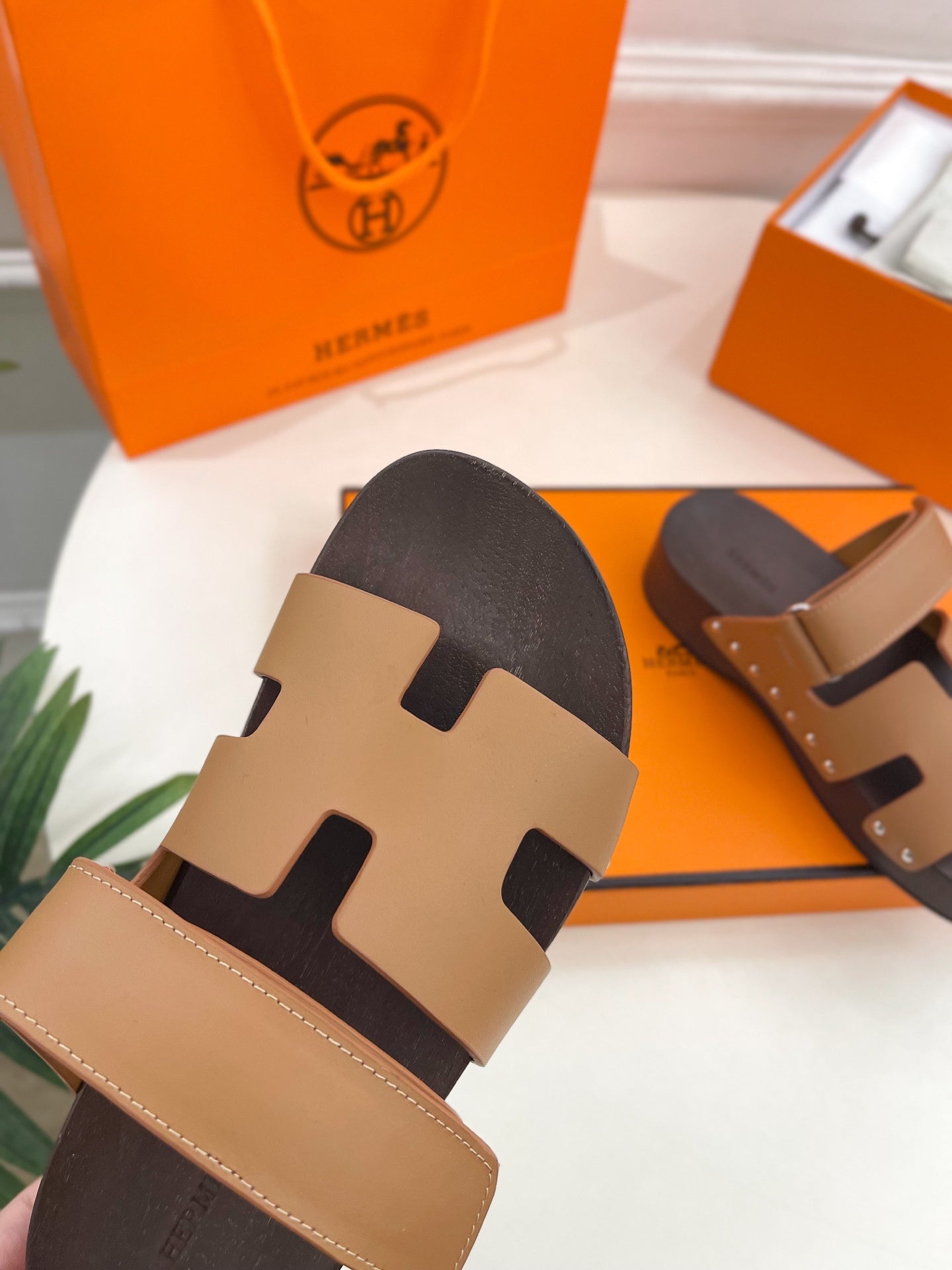 HERMES KOS CLOG IN PEANUT BROWN CALFSKIN