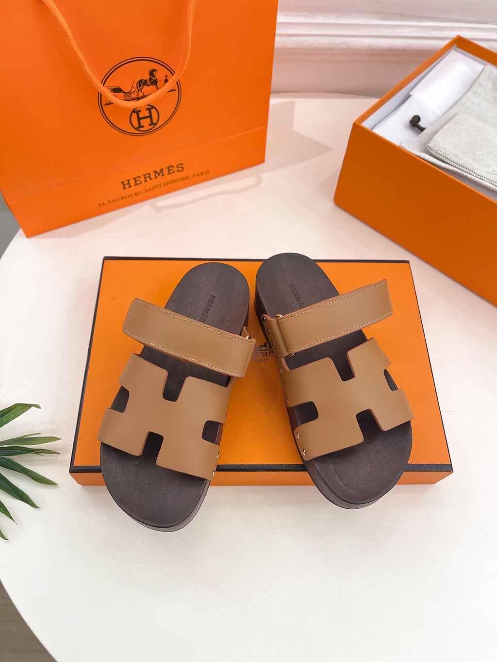 HERMES KOS CLOG IN PEANUT BROWN CALFSKIN