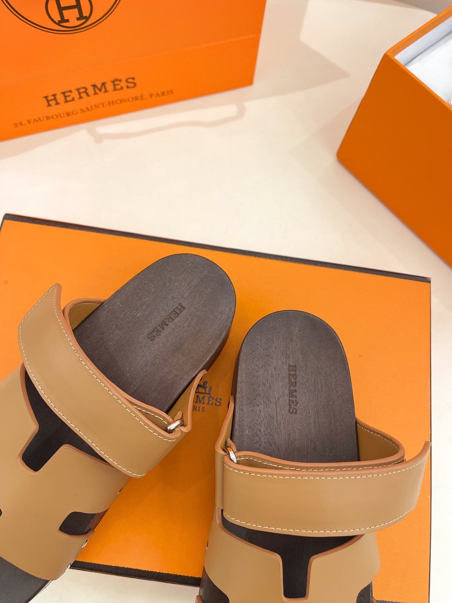 HERMES KOS CLOG IN PEANUT BROWN CALFSKIN