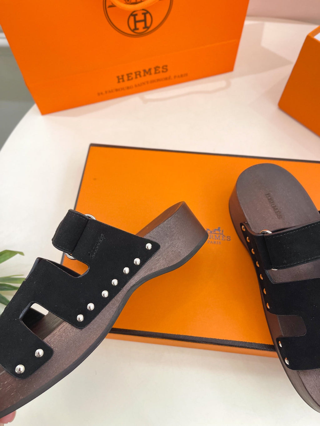 HERMES KOS CLOG IN BLACK SUEDE