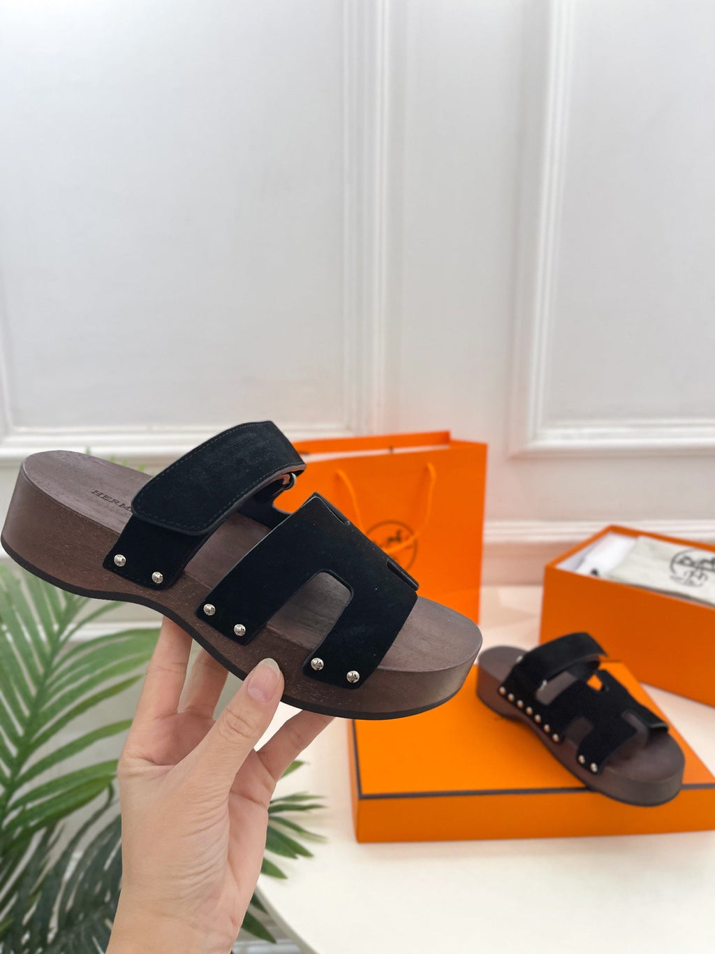HERMES KOS CLOG IN BLACK SUEDE
