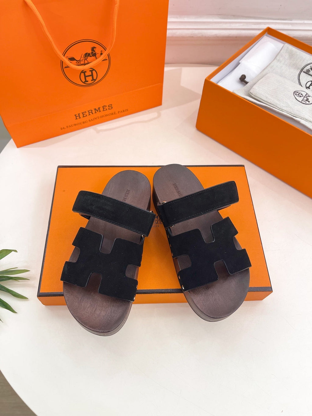 HERMES KOS CLOG IN BLACK SUEDE