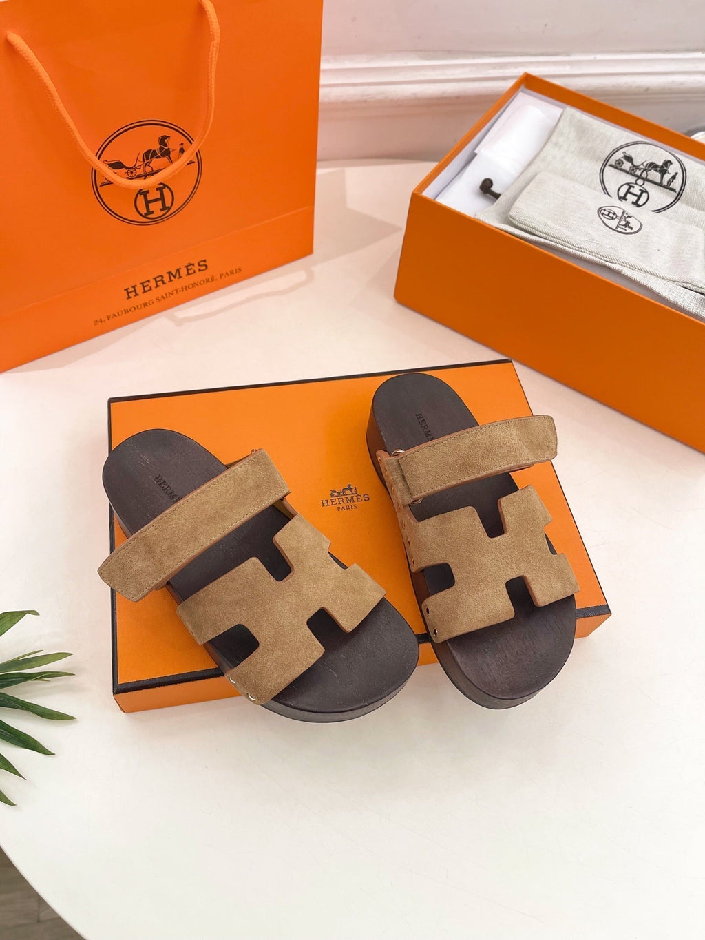 HERMES KOS CLOG IN PEANUT BROWN SUEDE